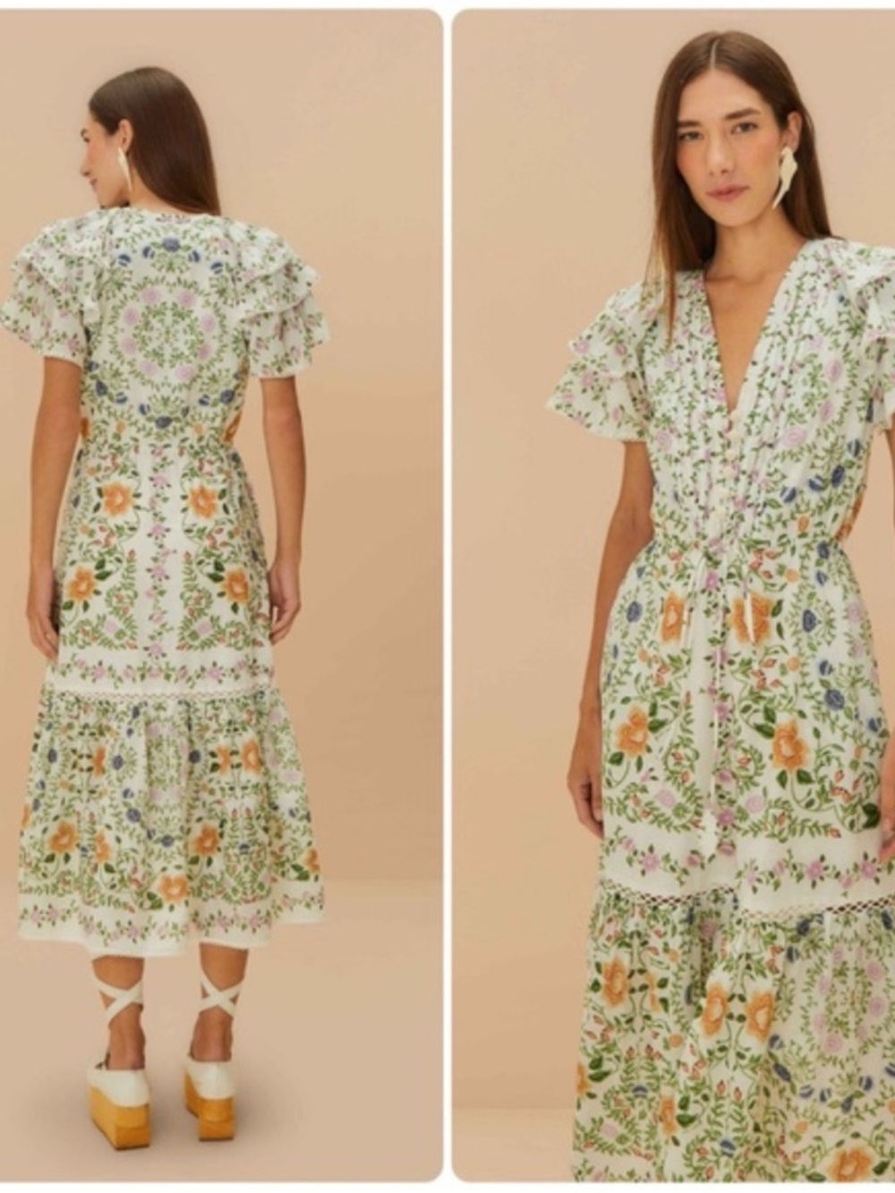 FARM RIO Folk Floral off white short sleeve midi dress, puff sleeve NWT XL - Picture 3 of 11